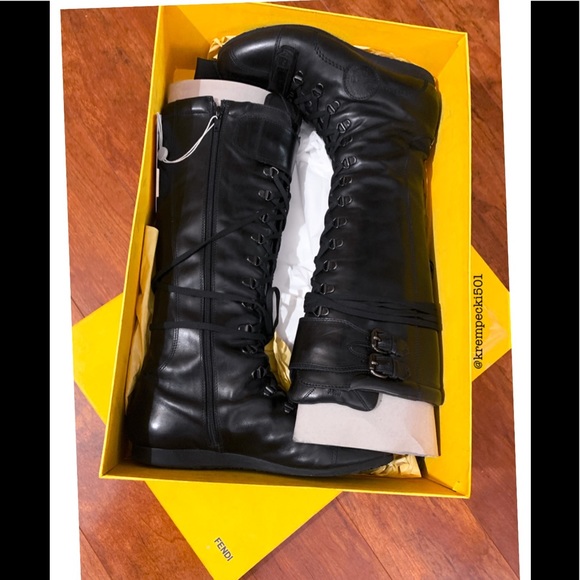 Fendi Shoes - FENDI Black Leather Lace-Up Moto Boots ⭐️AUTHENTIC